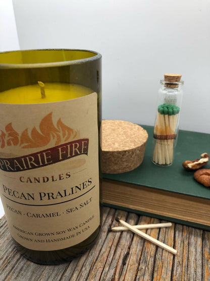 Pecan Pralines Soy Wax Candle | Repurposed Wine Bottle Candle Natural Cork | Handmade in USA Candle | Eco-Friendly Candle | Non-Toxic Soy Candle - Prairie Fire Candles