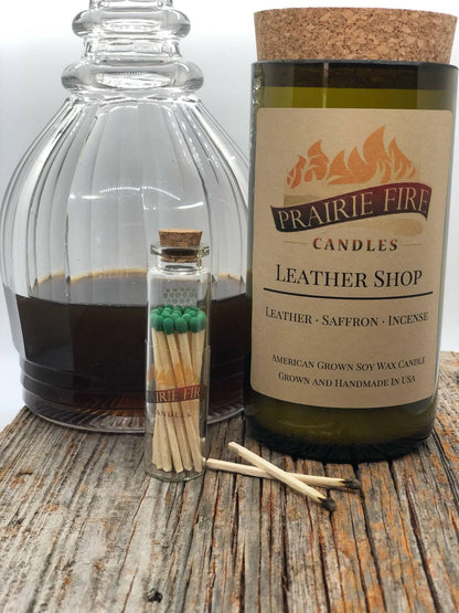 Leather Shop Soy Wax Candle | Repurposed Wine Bottle Candle Natural Cork | Handmade in USA Candle | Eco-Friendly Candle | Non-Toxic Soy Candle - Prairie Fire Candles