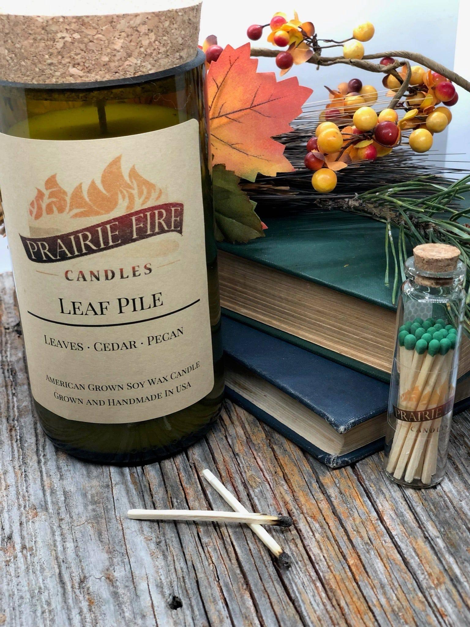 Leaf Pile Soy Wax Candle | Repurposed Wine Bottle Candle Natural Cork | Handmade in USA Candle | Eco-Friendly Candle | Non-Toxic Soy Candle - Prairie Fire Candles