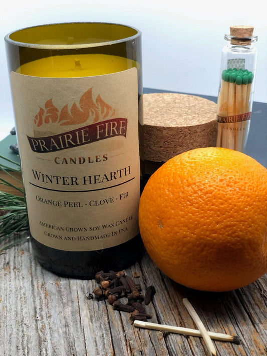 Winter Hearth Soy Wax Candle | Repurposed Wine Bottle Candle Natural Cork | Handmade in USA Candle | Eco-Friendly Candle | Non-Toxic Soy Candle - Prairie Fire Candles