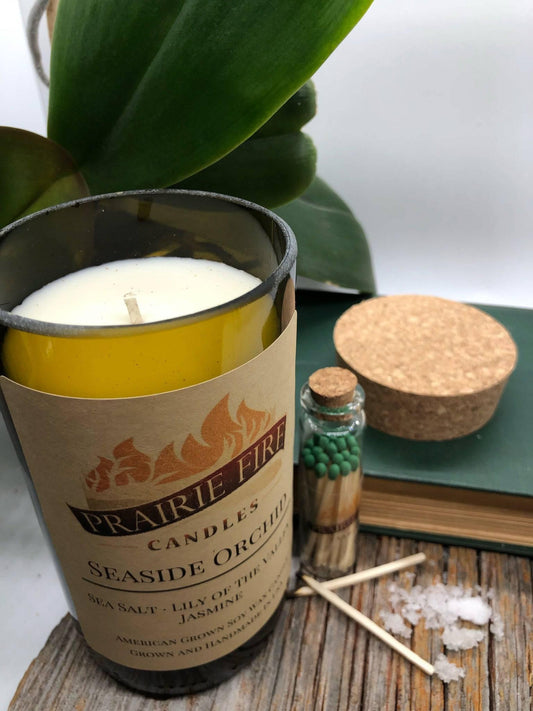 Seaside Orchid Soy Wax Candle | Repurposed Wine Bottle Candle Natural Cork | Handmade in USA Candle | Eco-Friendly Candle | Non-Toxic Soy Candle - Prairie Fire Candles
