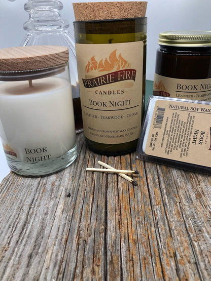 Book Night Soy Wax Candle | Repurposed Wine Bottle Candle Natural Cork | Handmade in USA Candle | Eco-Friendly Candle | Non-Toxic Soy Candle - Prairie Fire Candles