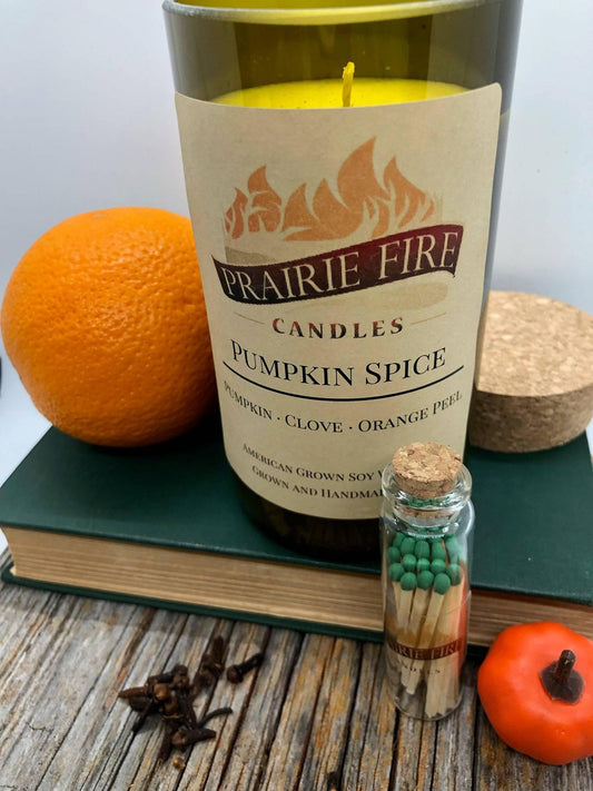 Pumpkin Spice Soy Wax Candle | Repurposed Wine Bottle Candle Natural Cork | Handmade in USA Candle | Eco-Friendly Candle | Non-Toxic Soy Candle - Prairie Fire Candles