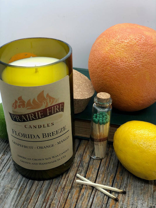 Florida Breeze Soy Wax Candle | Repurposed Wine Bottle Candle Natural Cork | Handmade in USA Candle | Eco-Friendly Candle | Non-Toxic Soy Candle - Prairie Fire Candles