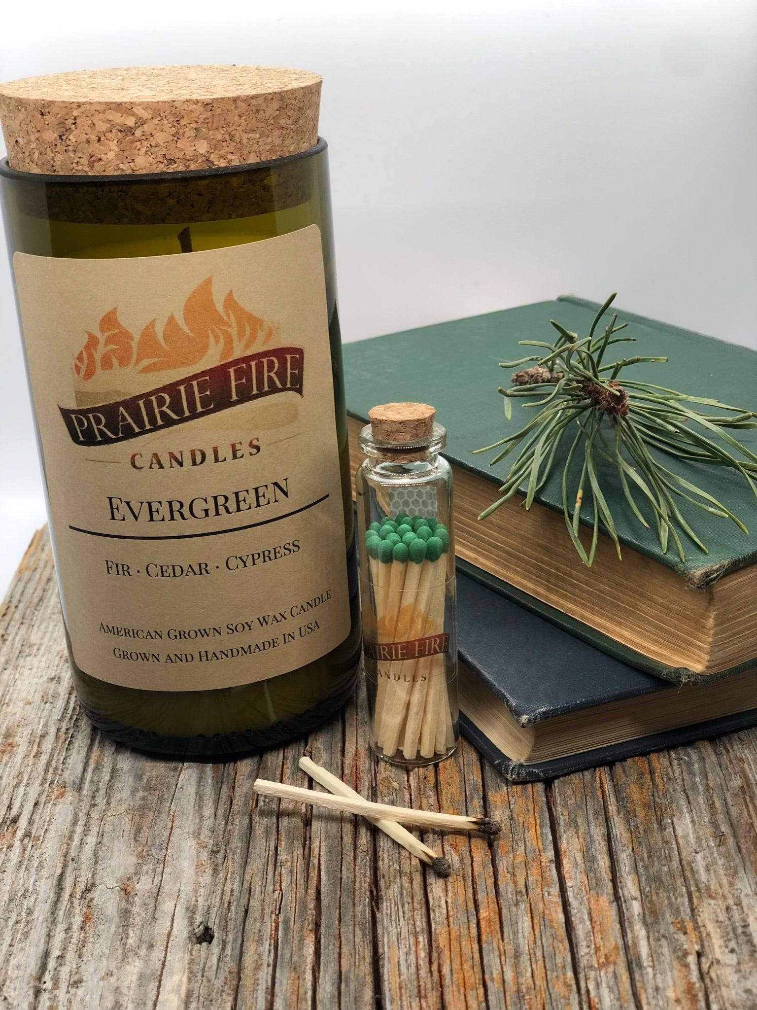 Evergreen Soy Wax Candle | Repurposed Wine Bottle Candle Natural Cork | Handmade in USA Candle | Eco-Friendly Candle | Non-Toxic Soy Candle - Prairie Fire Candles