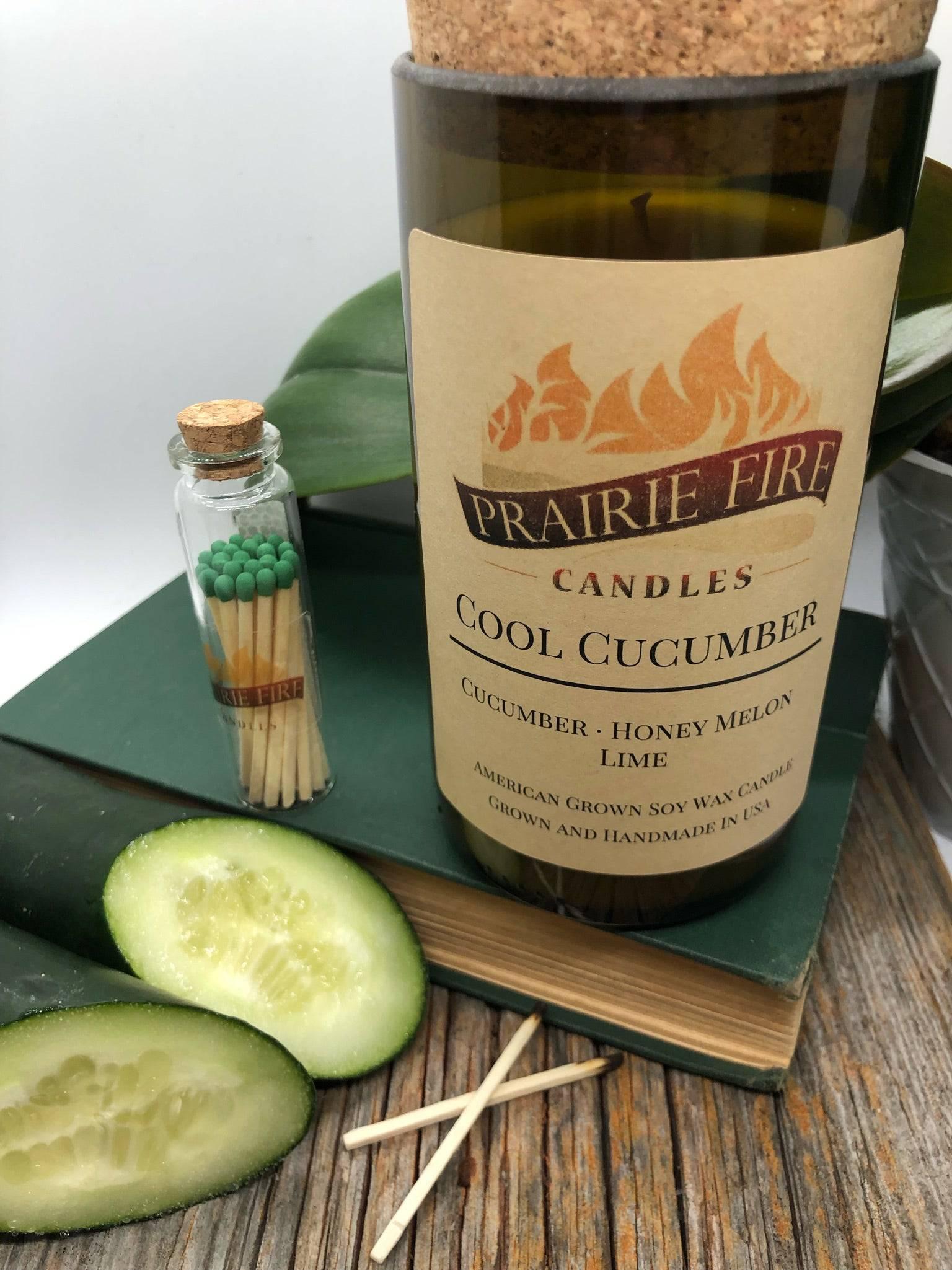 Cool Cucumber Soy Wax Candle | Repurposed Wine Bottle Candle Natural Cork | Handmade in USA Candle | Eco-Friendly Candle | Non-Toxic Soy Candle - Prairie Fire Candles