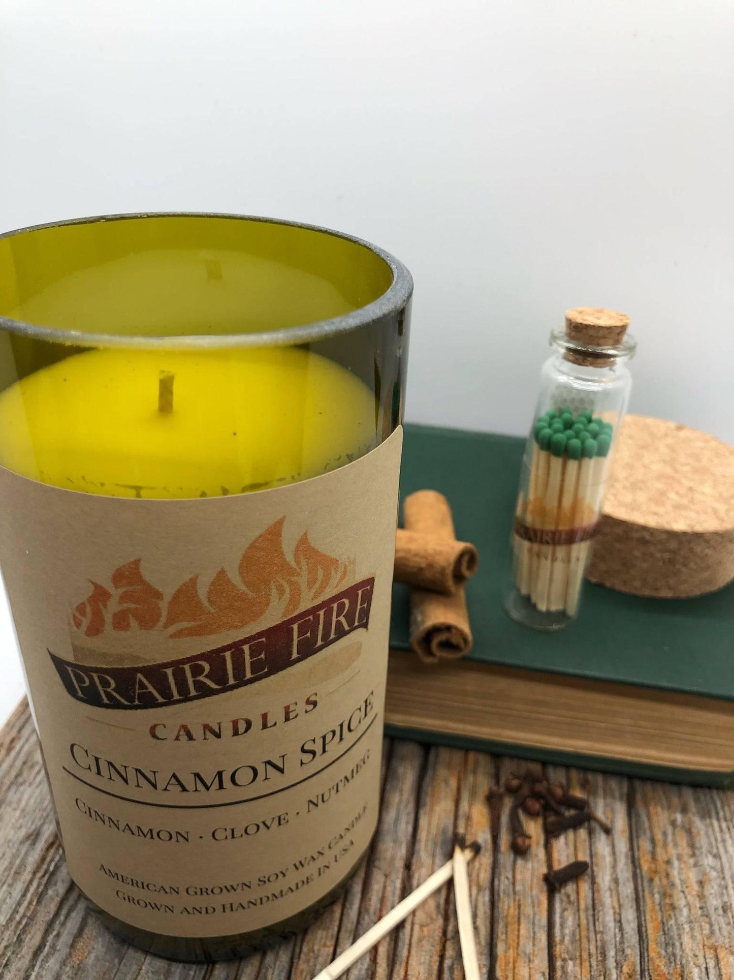 Cinnamon Spice Soy Wax Candle | Repurposed Wine Bottle Candle Natural Cork | Handmade in USA Candle | Eco-Friendly Candle | Non-Toxic Soy Candle - Prairie Fire Candles