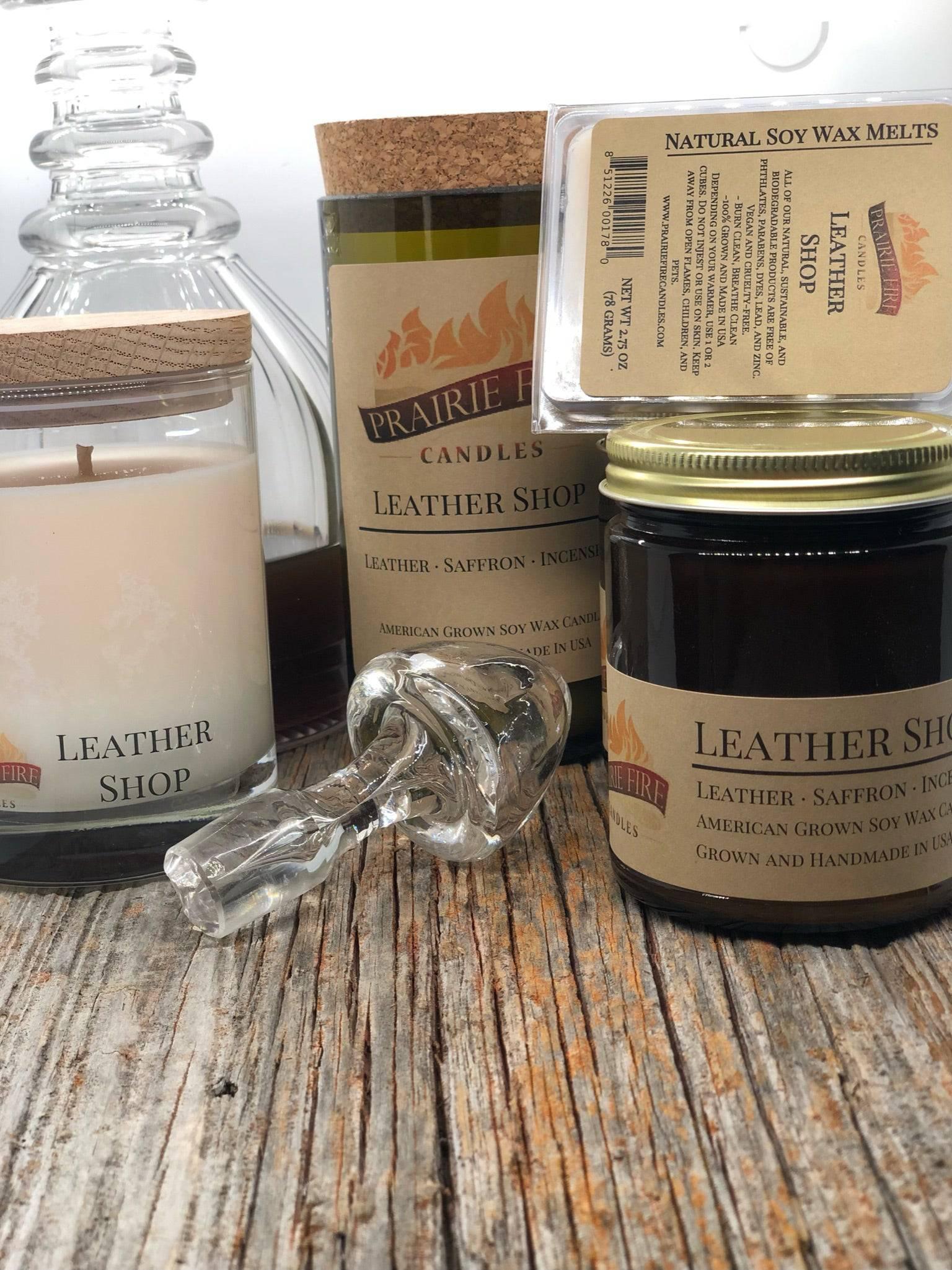 Leather Shop Soy Wax Candle | Repurposed Wine Bottle Candle Natural Cork | Handmade in USA Candle | Eco-Friendly Candle | Non-Toxic Soy Candle - Prairie Fire Candles