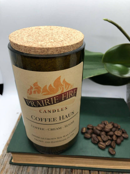 Coffee Haus Soy Wax Candle | Repurposed Wine Bottle Candle Natural Cork | Handmade in USA Candle | Eco-Friendly Candle | Non-Toxic Soy Candle - Prairie Fire Candles