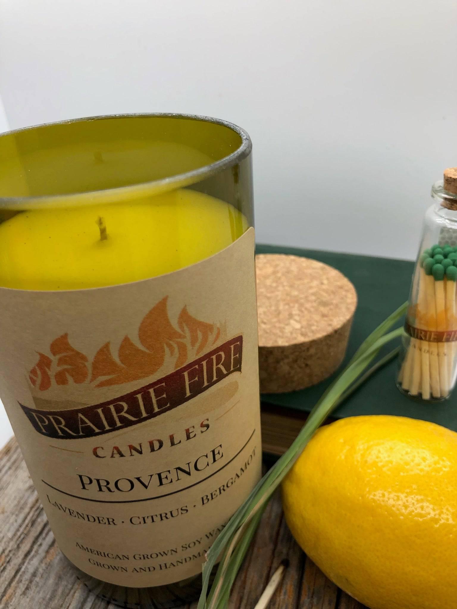 Provence Soy Wax Candle | Repurposed Wine Bottle Candle Natural Cork | Handmade in USA Candle | Eco-Friendly Candle | Non-Toxic Soy Candle - Prairie Fire Candles
