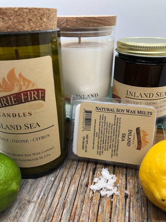 Inland Sea Soy Wax Candle | Repurposed Wine Bottle Candle Natural Cork | Handmade in USA Candle | Eco-Friendly Candle | Non-Toxic Soy Candle - Prairie Fire Candles