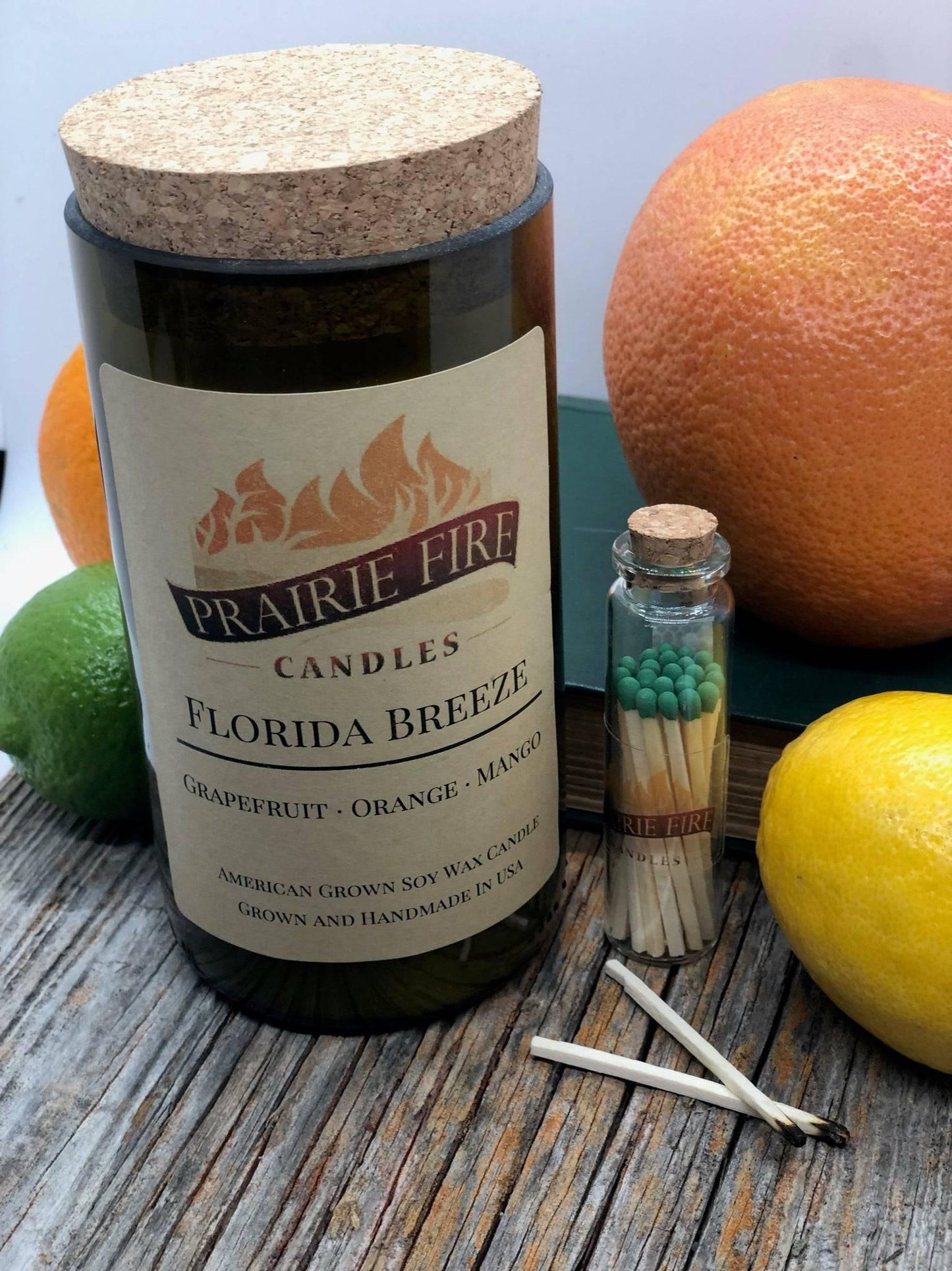 Florida Breeze Soy Wax Candle | Repurposed Wine Bottle Candle Natural Cork | Handmade in USA Candle | Eco-Friendly Candle | Non-Toxic Soy Candle - Prairie Fire Candles