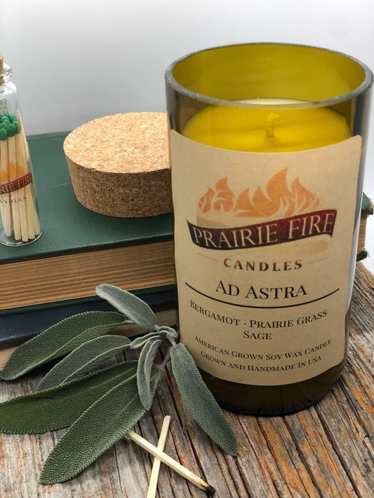 Ad Astra Soy Wax Candle | Repurposed Wine Bottle Candle Natural Cork | Handmade in USA Candle | Eco-Friendly Candle | Non-Toxic Soy Candle - Prairie Fire Candles