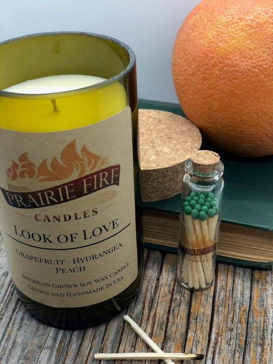 Look of Love Soy Wax Candle | Repurposed Wine Bottle Candle Natural Cork | Handmade in USA Candle | Eco-Friendly Candle | Non-Toxic Soy Candle - Prairie Fire Candles
