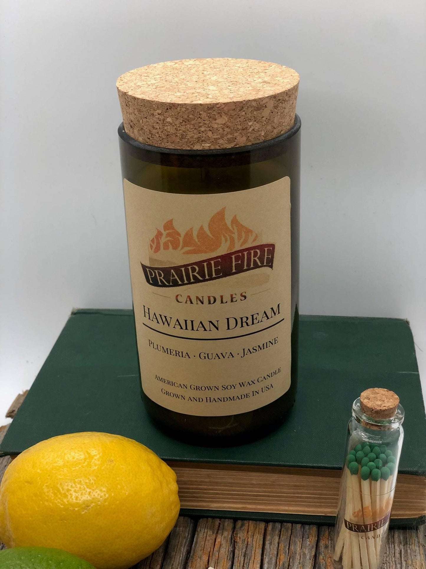 Hawaiian Dream Soy Wax Candle | Repurposed Wine Bottle Candle Natural Cork | Handmade in USA Candle | Eco-Friendly Candle | Non-Toxic Soy Candle - Prairie Fire Candles