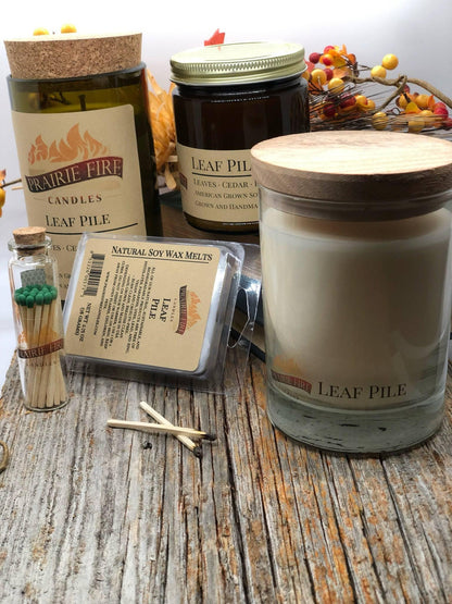 Leaf Pile Soy Wax Candle | Repurposed Wine Bottle Candle Natural Cork | Handmade in USA Candle | Eco-Friendly Candle | Non-Toxic Soy Candle - Prairie Fire Candles