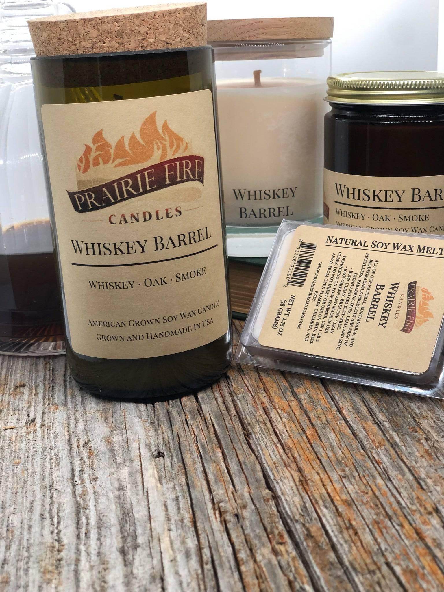 Whiskey Barrel Soy Wax Candle | Repurposed Wine Bottle Candle Natural Cork | Handmade in USA Candle | Eco-Friendly Candle | Non-Toxic Soy Candle - Prairie Fire Candles