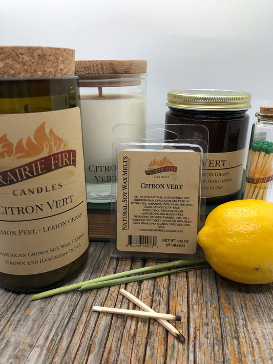 Citron Vert Soy Wax Candle | Repurposed Wine Bottle Candle Natural Cork | Handmade in USA Candle | Eco-Friendly Candle | Non-Toxic Soy Candle - Prairie Fire Candles