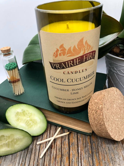 Cool Cucumber Soy Wax Candle | Repurposed Wine Bottle Candle Natural Cork | Handmade in USA Candle | Eco-Friendly Candle | Non-Toxic Soy Candle - Prairie Fire Candles