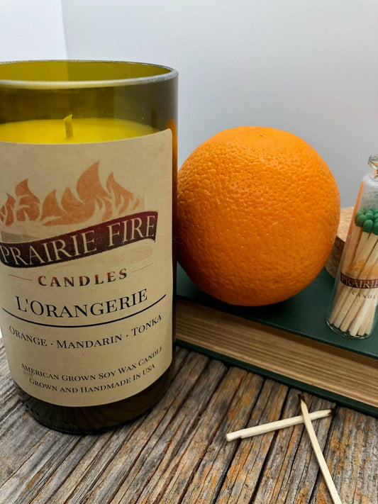 L'Orangerie Soy Wax Candle | Repurposed Wine Bottle Candle Natural Cork | Handmade in USA Candle | Eco-Friendly Candle | Non-Toxic Soy Candle - Prairie Fire Candles