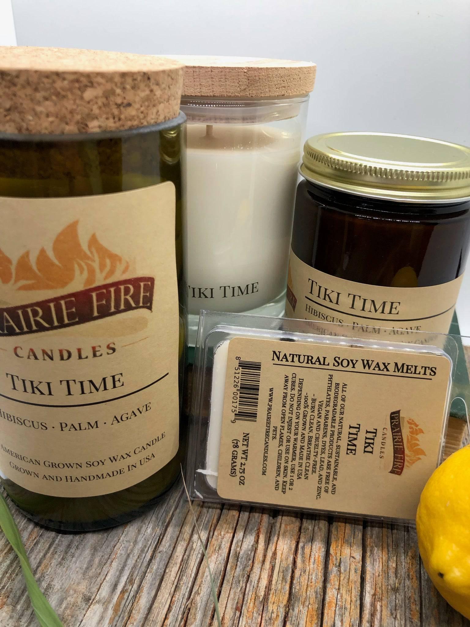 Tiki Time Soy Wax Candle | Repurposed Wine Bottle Candle Natural Cork | Handmade in USA Candle | Eco-Friendly Candle | Non-Toxic Soy Candle - Prairie Fire Candles