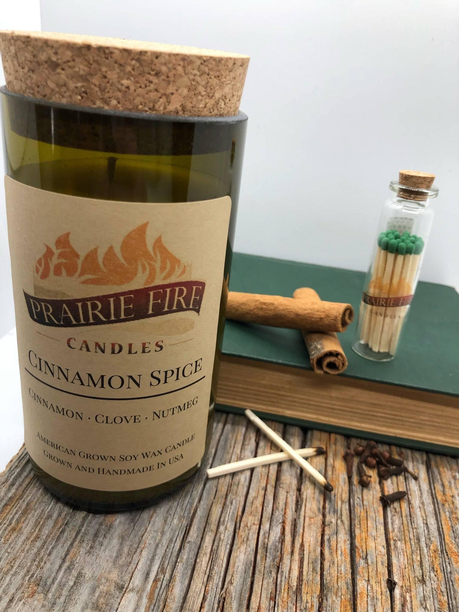 Cinnamon Spice Soy Wax Candle | Repurposed Wine Bottle Candle Natural Cork | Handmade in USA Candle | Eco-Friendly Candle | Non-Toxic Soy Candle - Prairie Fire Candles
