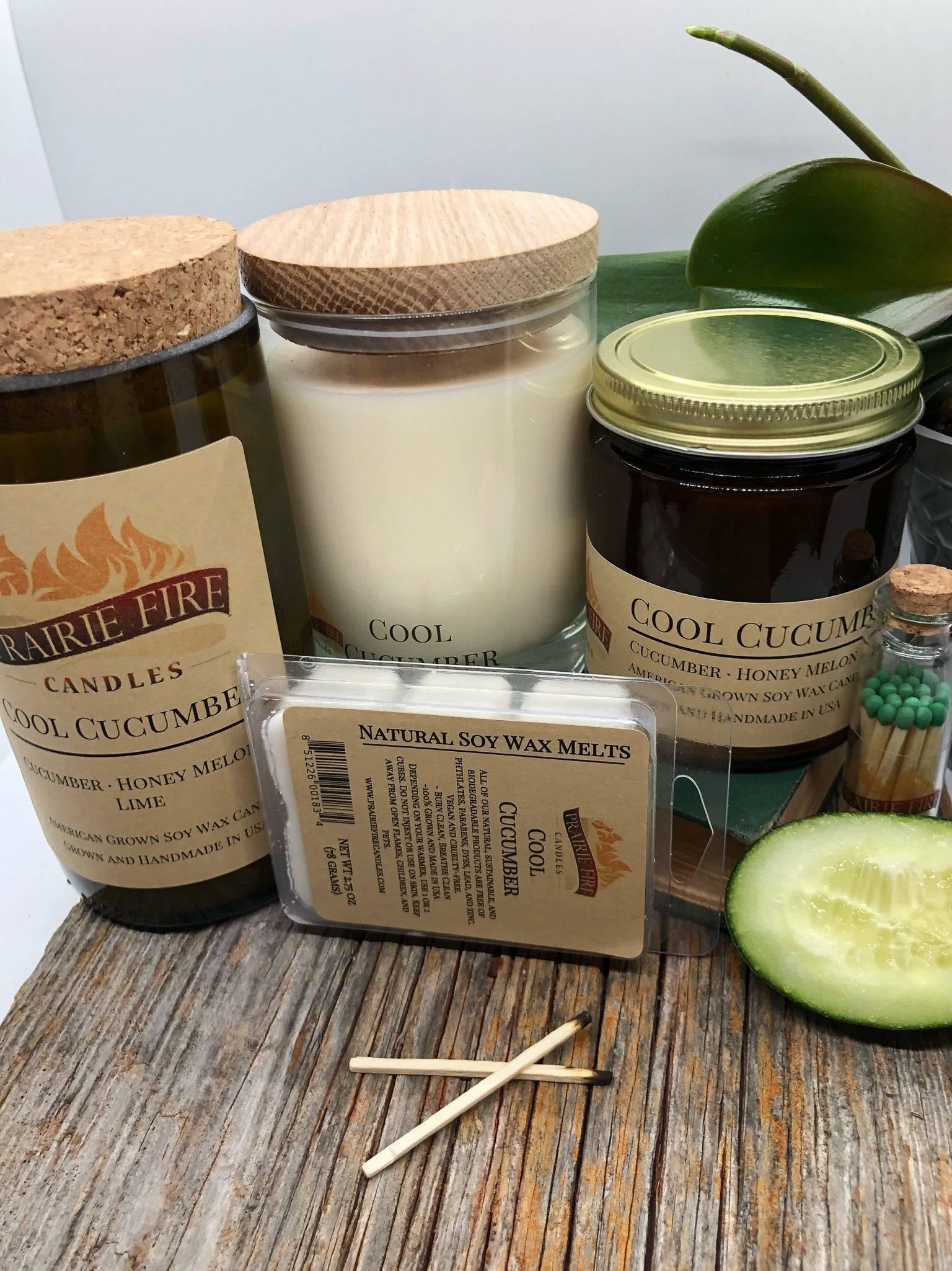 Cool Cucumber Soy Wax Candle | Repurposed Wine Bottle Candle Natural Cork | Handmade in USA Candle | Eco-Friendly Candle | Non-Toxic Soy Candle - Prairie Fire Candles