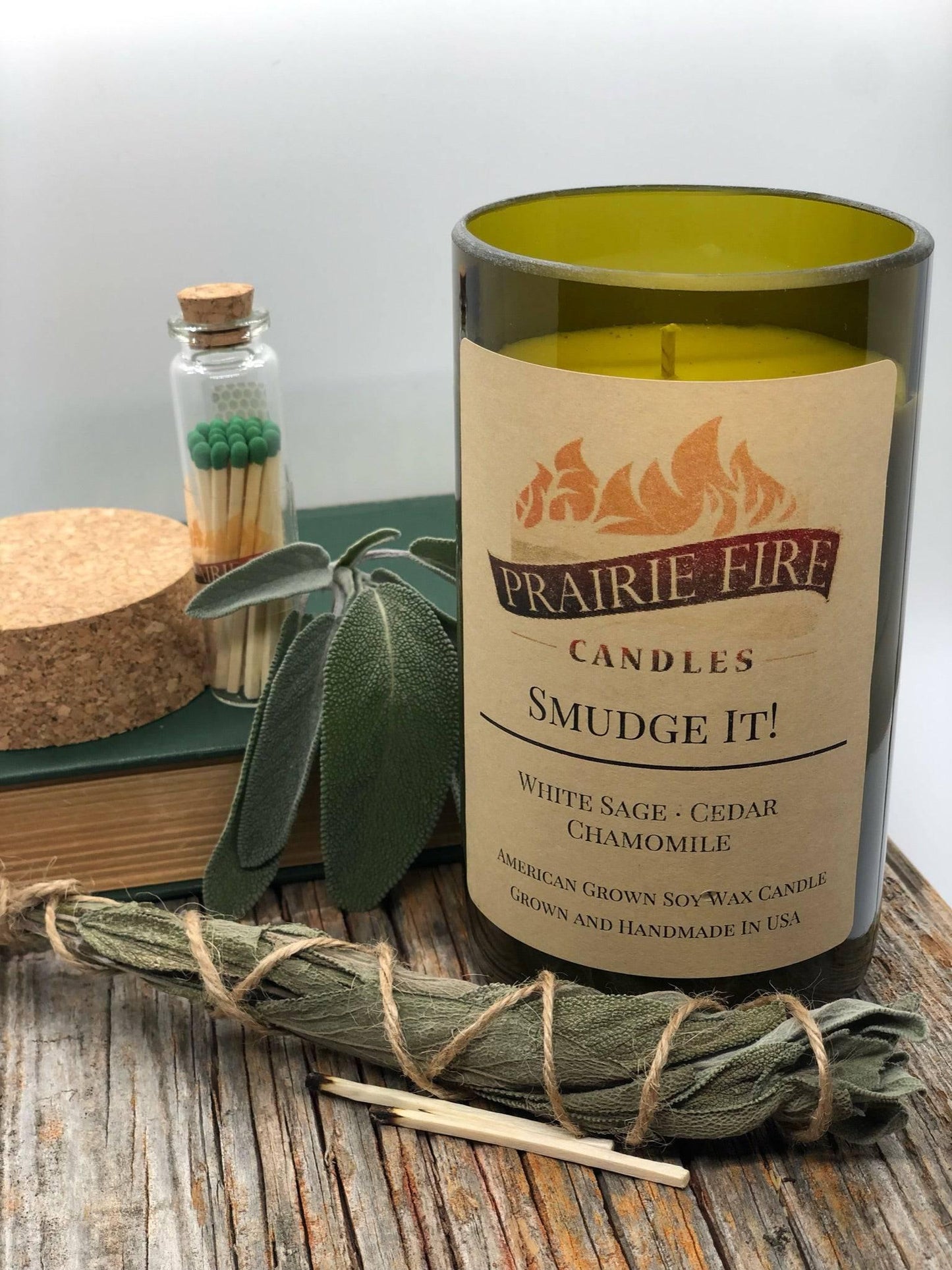 Smudge It! Soy Wax Candle | Repurposed Wine Bottle Candle Natural Cork | Handmade in USA Candle | Eco-Friendly Candle | Non-Toxic Soy Candle - Prairie Fire Candles