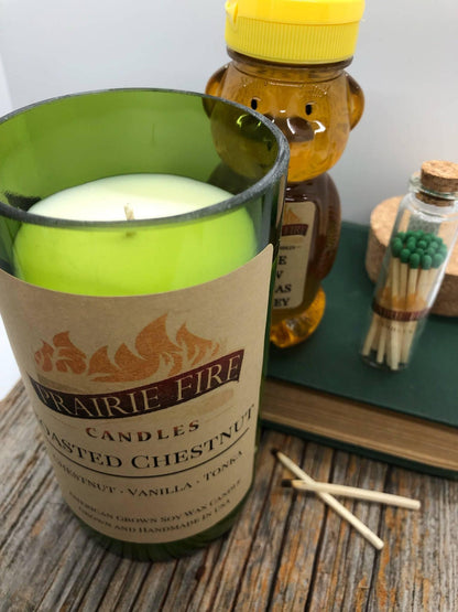 Roasted Chestnut Soy Wax Candle | Repurposed Wine Bottle Candle Natural Cork | Handmade in USA Candle | Eco-Friendly Candle | Non-Toxic Soy Candle - Prairie Fire Candles