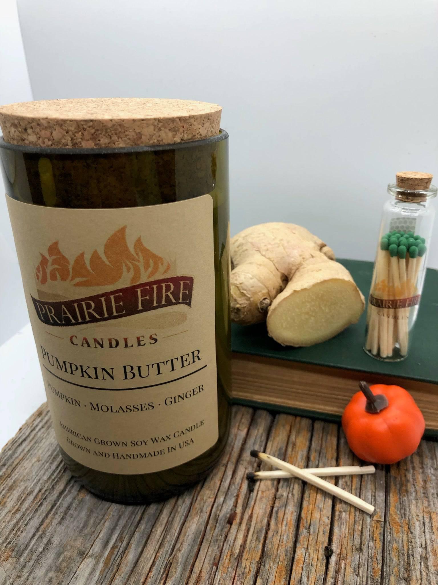 Pumpkin Butter Soy Wax Candle | Repurposed Wine Bottle Candle Natural Cork | Handmade in USA Candle | Eco-Friendly Candle | Non-Toxic Soy Candle - Prairie Fire Candles