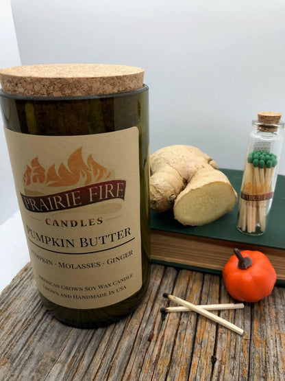 Pumpkin Butter Soy Wax Candle | Repurposed Wine Bottle Candle Natural Cork | Handmade in USA Candle | Eco-Friendly Candle | Non-Toxic Soy Candle - Prairie Fire Candles