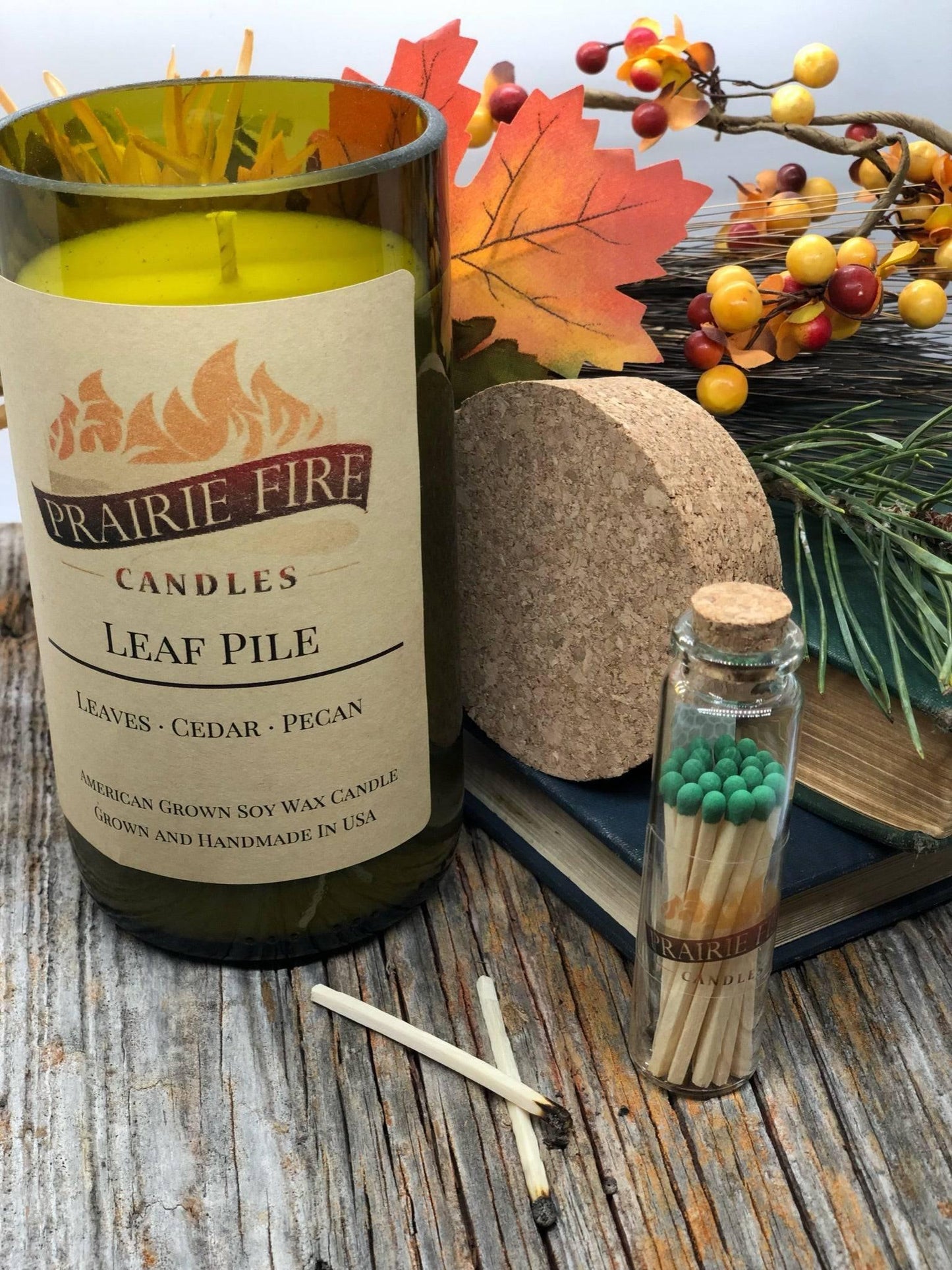 Leaf Pile Soy Wax Candle | Repurposed Wine Bottle Candle Natural Cork | Handmade in USA Candle | Eco-Friendly Candle | Non-Toxic Soy Candle - Prairie Fire Candles