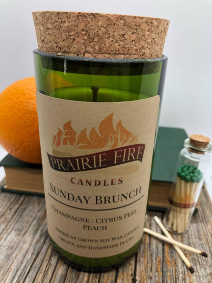 Sunday Brunch Soy Wax Candle | Repurposed Wine Bottle Candle Natural Cork | Handmade in USA Candle | Eco-Friendly Candle | Non-Toxic Soy Candle - Prairie Fire Candles
