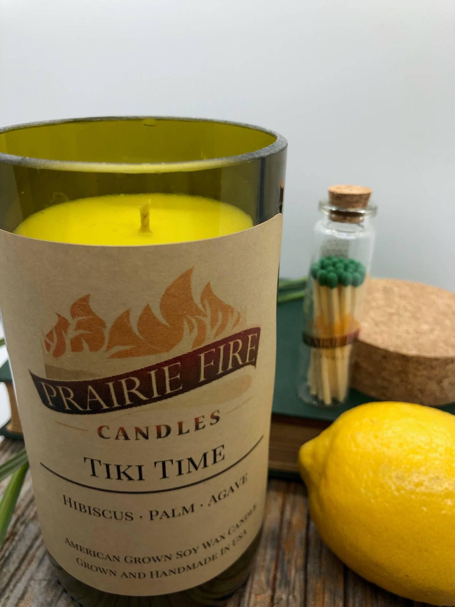 Tiki Time Soy Wax Candle | Repurposed Wine Bottle Candle Natural Cork | Handmade in USA Candle | Eco-Friendly Candle | Non-Toxic Soy Candle - Prairie Fire Candles