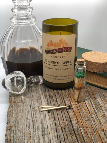 Bourbon Apple Soy Wax Candle | Repurposed Wine Bottle Candle Natural Cork | Handmade in USA Candle | Eco-Friendly Candle | Non-Toxic Soy Candle - Prairie Fire Candles