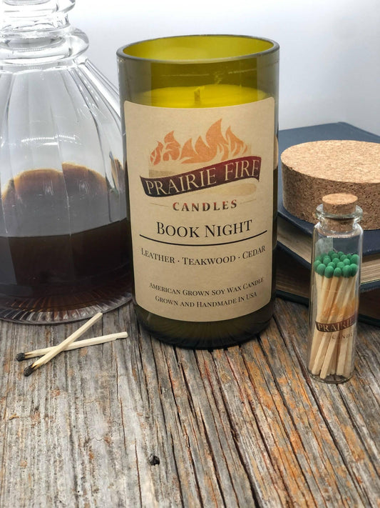 Book Night Soy Wax Candle | Repurposed Wine Bottle Candle Natural Cork | Handmade in USA Candle | Eco-Friendly Candle | Non-Toxic Soy Candle - Prairie Fire Candles