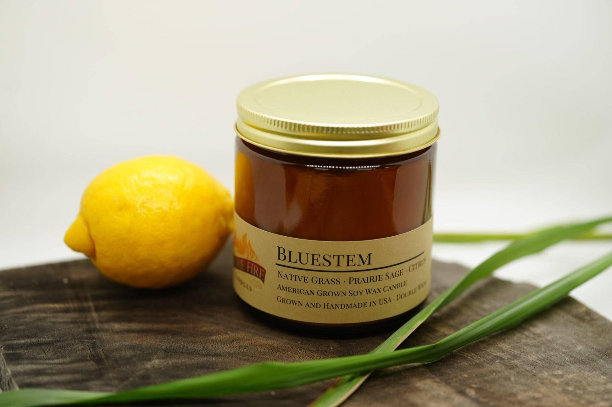 Bluestem Soy Wax Candle | 16 oz Double Wick Amber Apothecary Jar Candle - Prairie Fire Candles