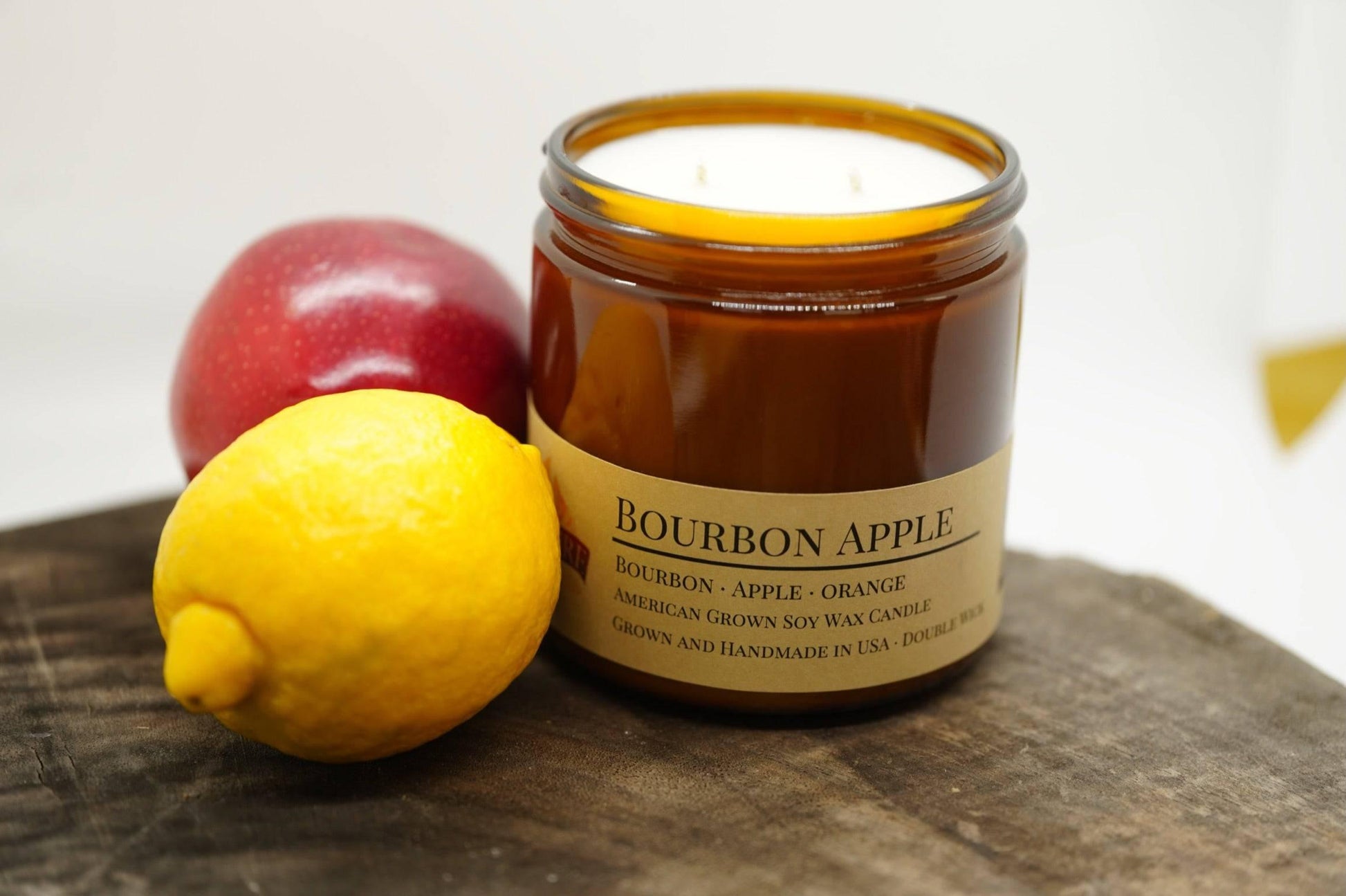 Bourbon Apple Soy Wax Candle | 16 oz Double Wick Amber Apothecary Jar Candle - Prairie Fire Candles