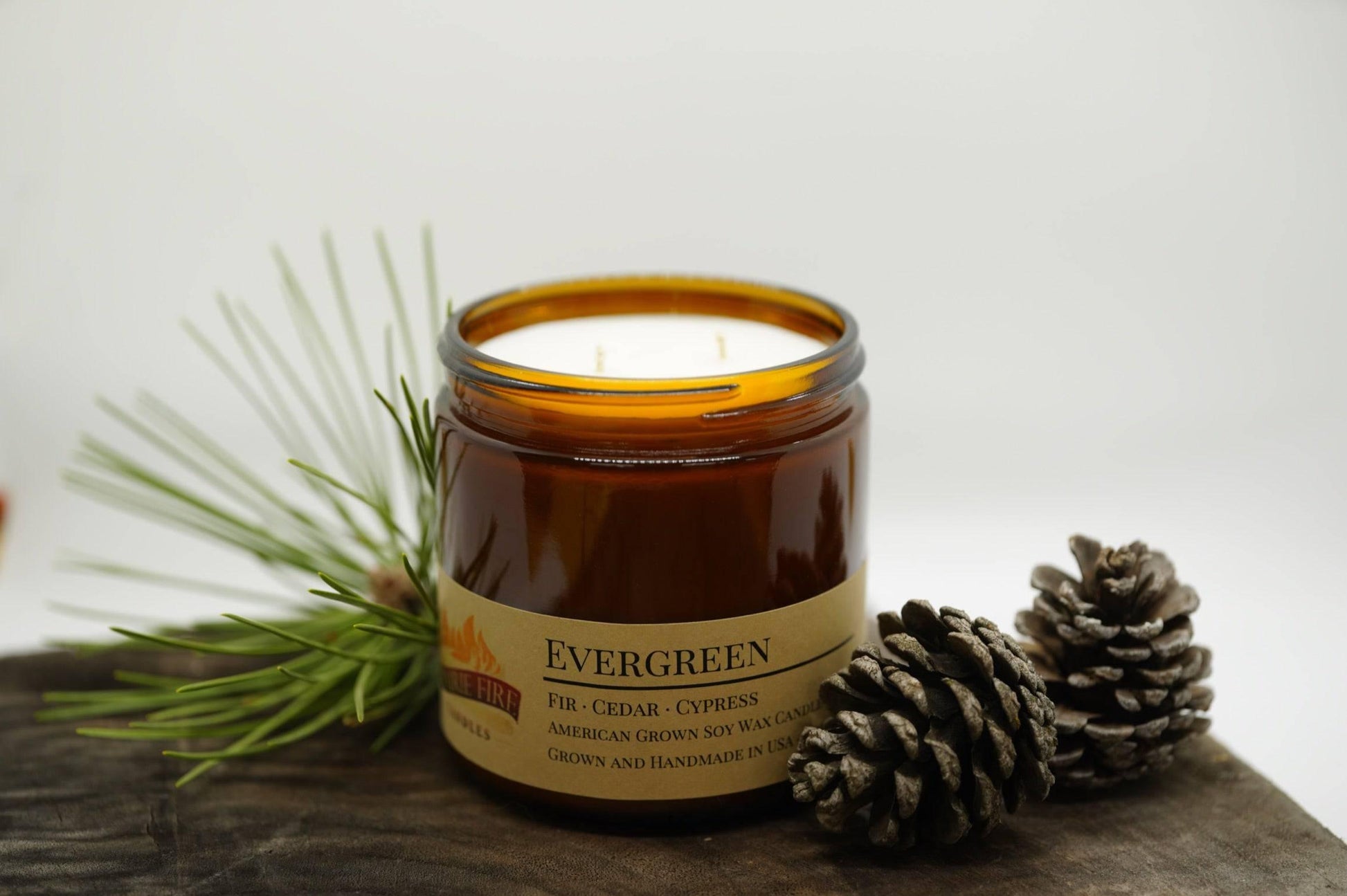 Evergreen Soy Wax Candle | 16 oz Double Wick Amber Apothecary Jar - Prairie Fire Candles