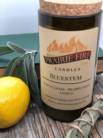 Bluestem Soy Wax Candle | Repurposed Wine Bottle Candle Natural Cork | Handmade in USA Candle | Eco-Friendly Candle | Non-Toxic Soy Candle - Prairie Fire Candles