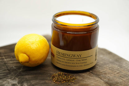 Hemingway Soy Wax Candle | 16 oz Double Wick Amber Apothecary Jar - Prairie Fire Candles