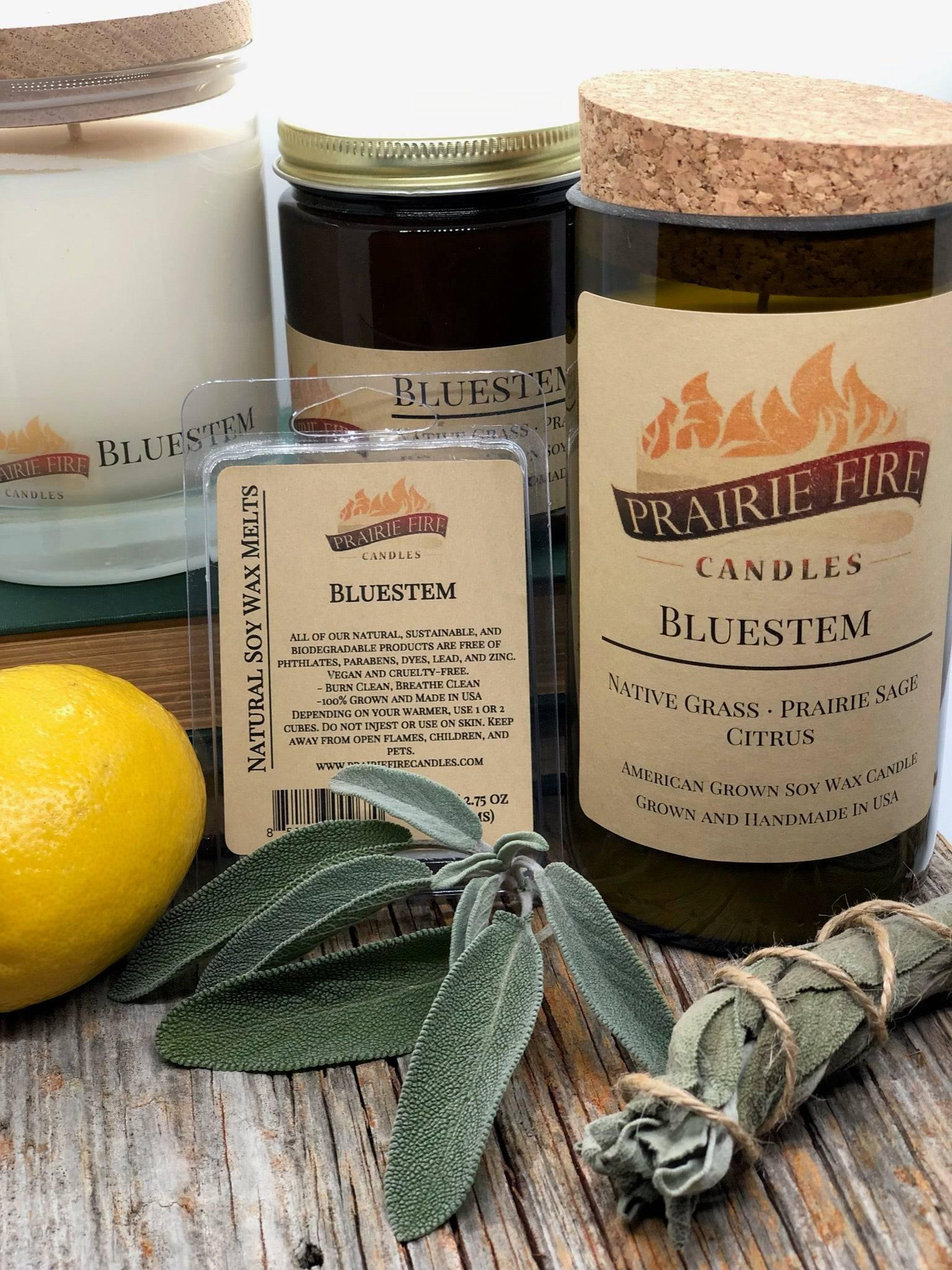 Bluestem Soy Wax Candle | Repurposed Wine Bottle Candle Natural Cork | Handmade in USA Candle | Eco-Friendly Candle | Non-Toxic Soy Candle - Prairie Fire Candles
