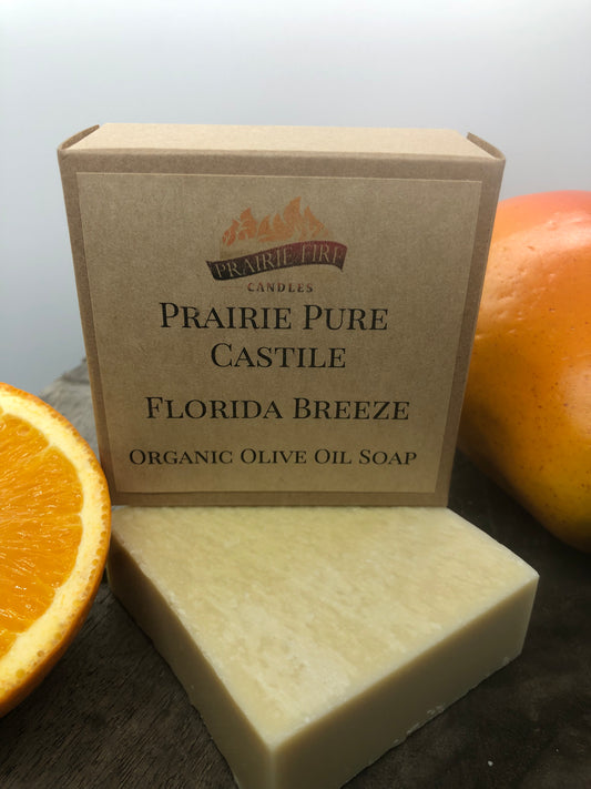 Florida Breeze Real Castile Organic Olive Oil Soap for Sensitive Skin - Dye Free - 100% Certified Organic Extra Virgin Olive Oil - Prairie Fire Candles