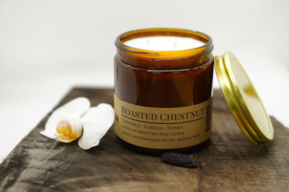 Roasted Chestnut Soy Wax Candle | 16 oz Double Wick Amber Apothecary Jar - Prairie Fire Candles