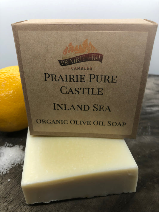 Inland Sea Real Castile Organic Olive Oil Soap for Sensitive Skin - Dye Free - 100% Certified Organic Extra Virgin Olive Oil - Prairie Fire Candles