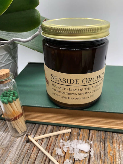 Seaside Orchid Soy Wax Candle | 9 oz Amber Apothecary Jar - Prairie Fire Candles