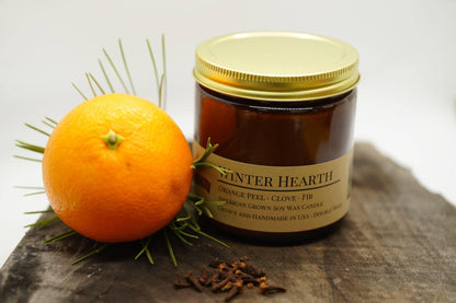 Winter Hearth Soy Wax Candle | 16 oz Double Wick Amber Apothecary Jar - Prairie Fire Candles