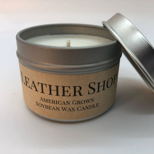 Leather Shop Soy Wax Candle | 2 oz Travel Tin - Prairie Fire Candles