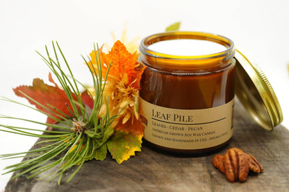 Leaf Pile Soy Wax Candle | 16 oz Double Wick Amber Apothecary Jar - Prairie Fire Candles