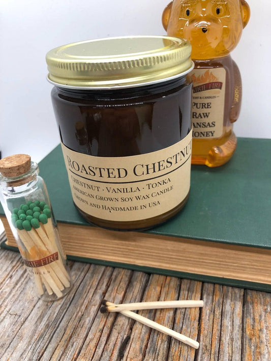 Roasted Chestnut Soy Wax Candle | 9 oz Amber Apothecary Jar - Prairie Fire Candles